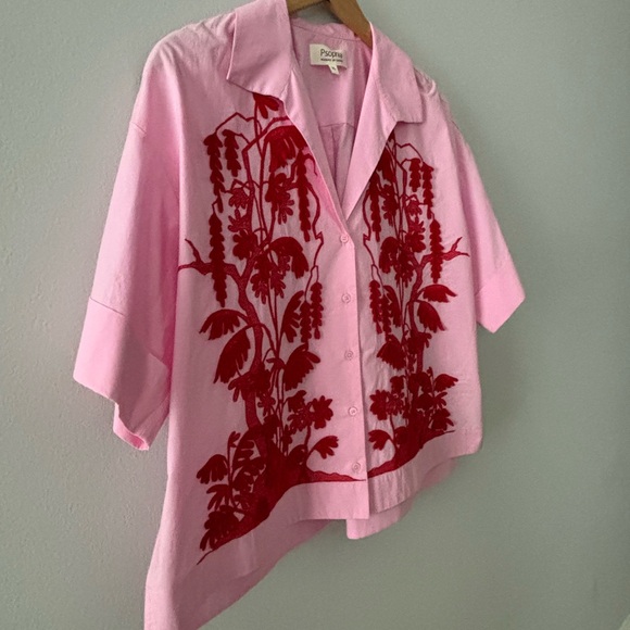 PSOPHIA Pink cotton short sleeve shirt with red embroidered flowers size XL - Picture 3 of 6